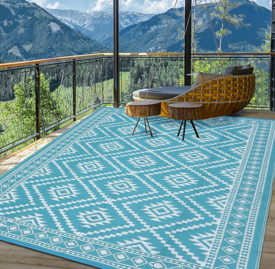 9x12 Outdoor Rug Teal Reversible
