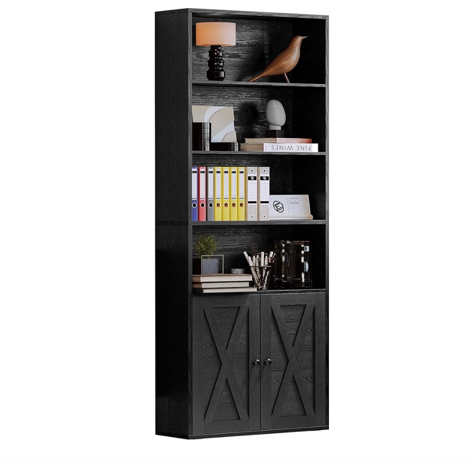 Black bookshelf with cabinet