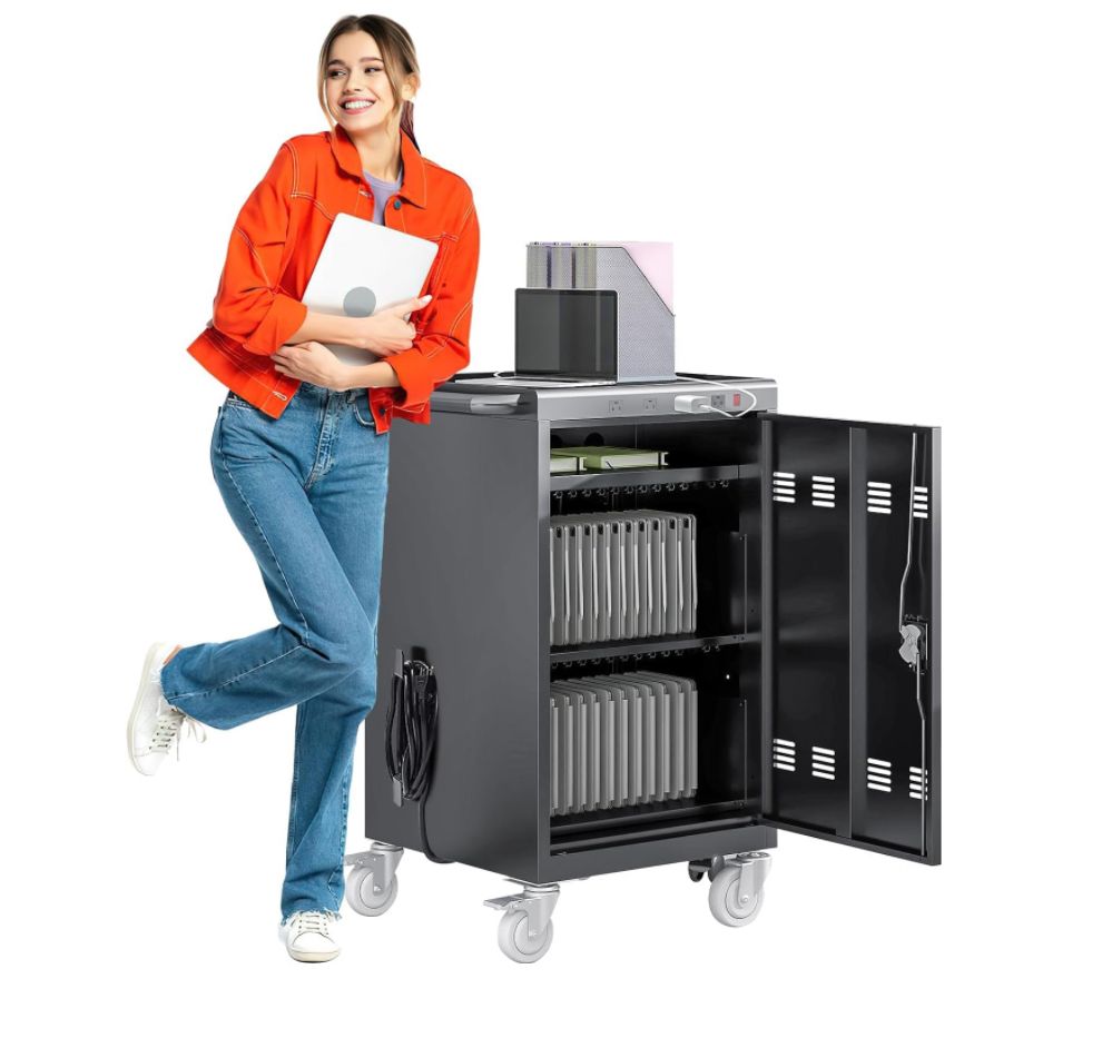 Device Charging cart with 30 bays and power strips