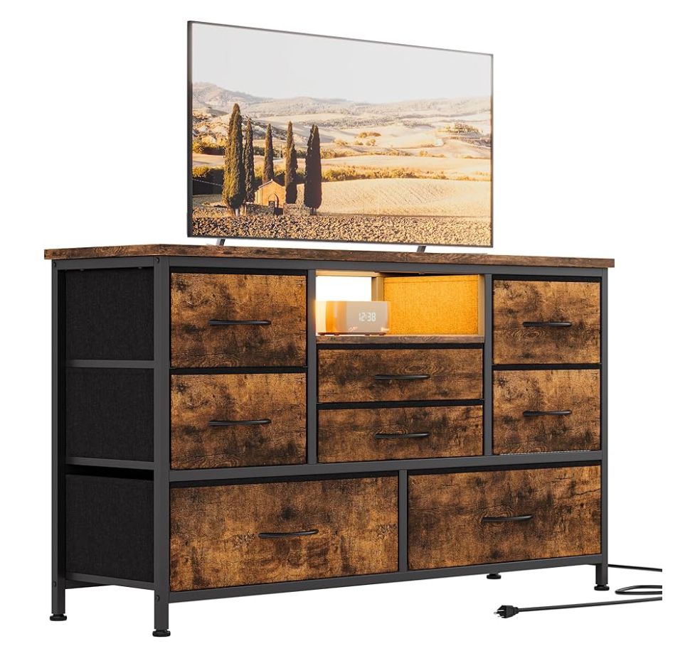 8 drawer fabric dresser with power strip &amp; LED Wood look