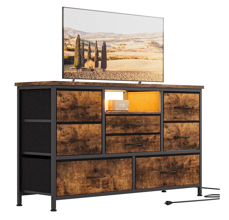 8 drawer fabric dresser with power strip &amp; LED Wood look