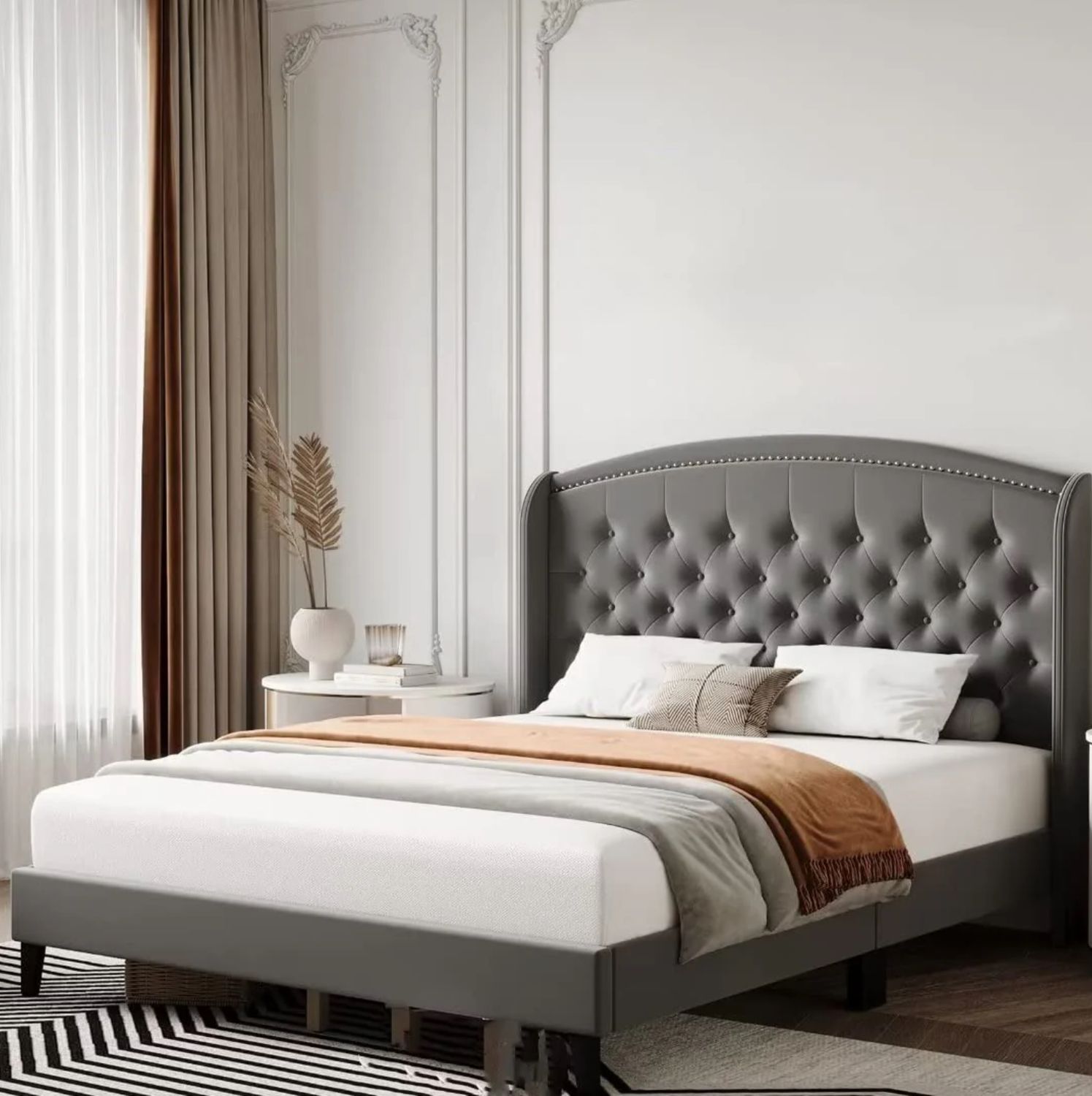 King Size Upholstered Plaform Bed Frame With Wingback Headboard