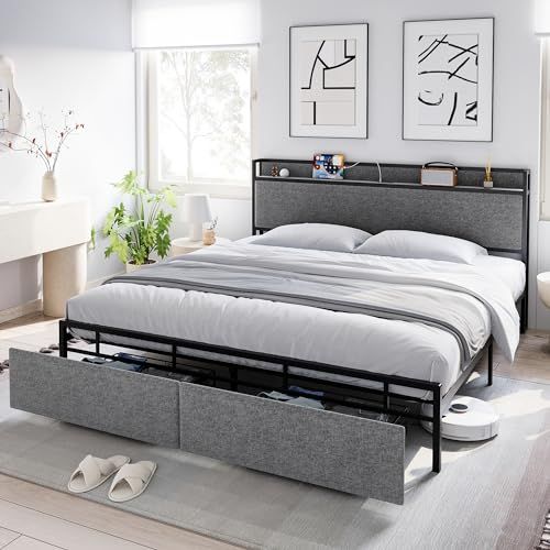 Full Size Bed Frame with 2 Storage Drawers and Headboard