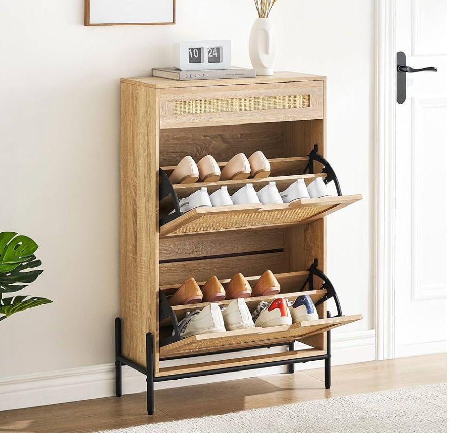 Rattan 2 flip door shoe storage rack