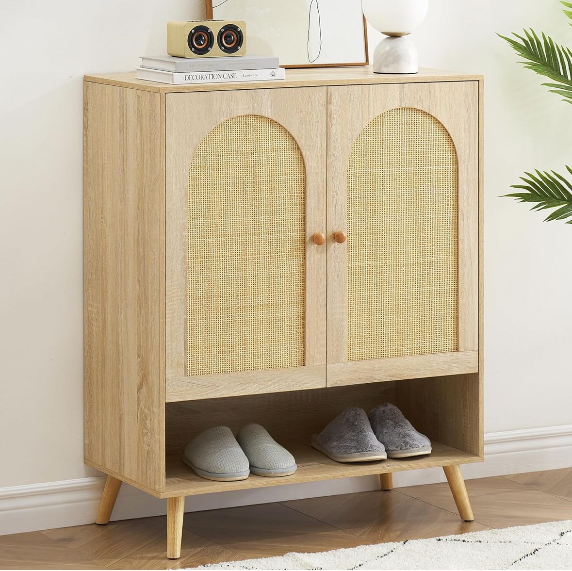 Rattan shoe storage cabinet with doors damage corner