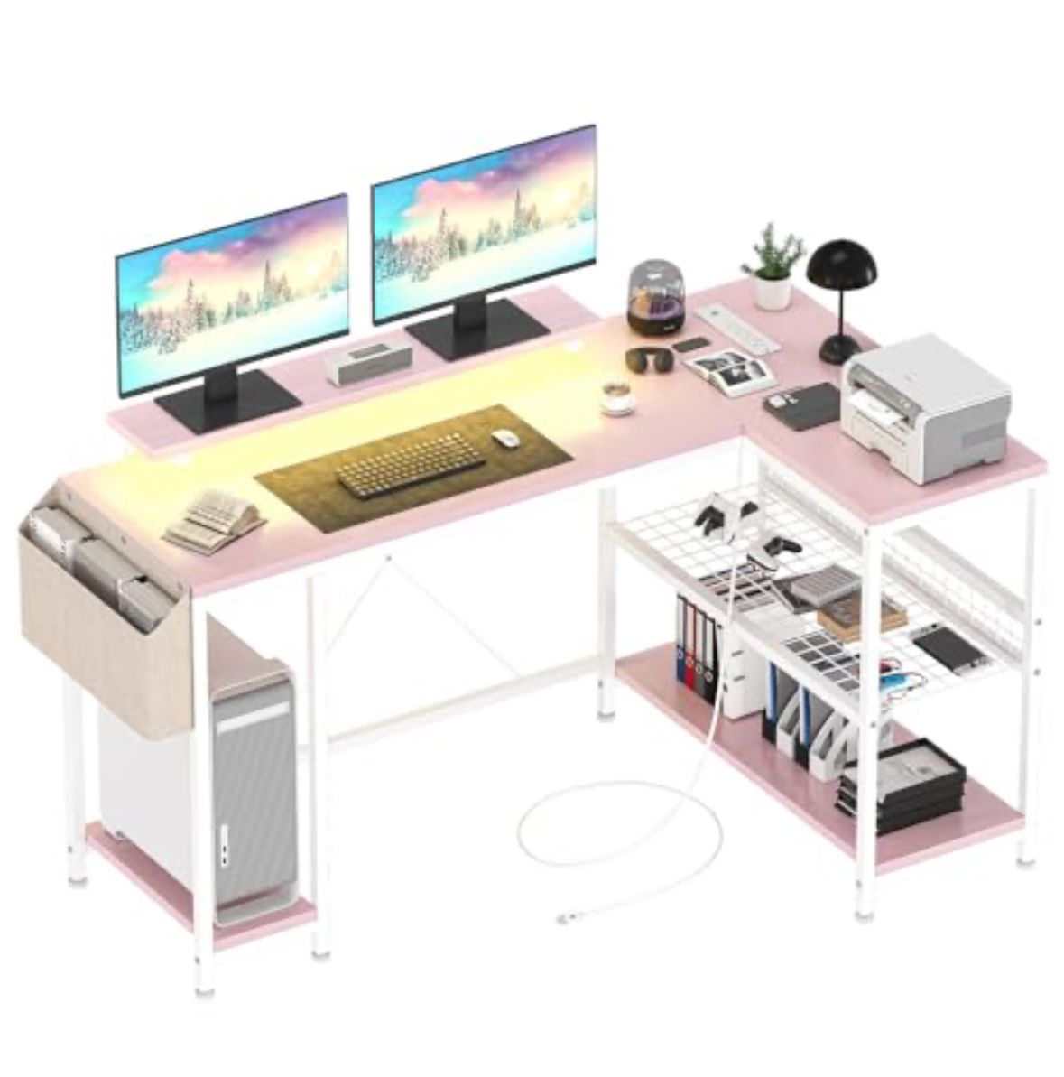 L shaped pink computer desk