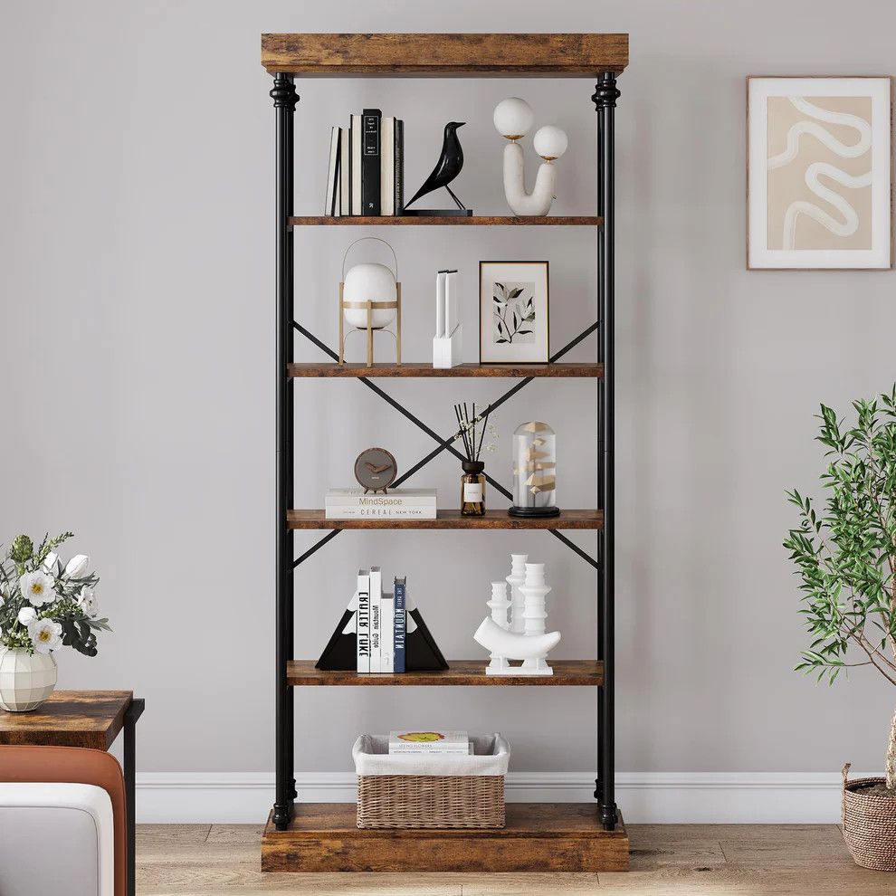 6 Tier Industrial Bookshelf Wood Storage Rack