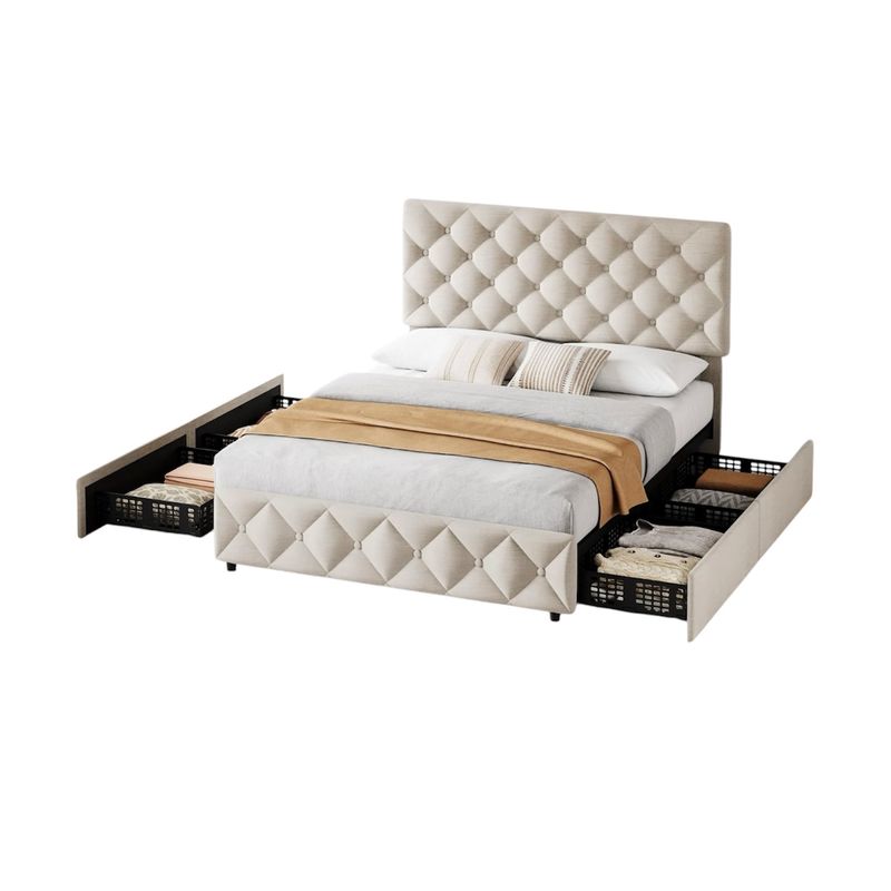 Off White Queen Size Bed Frame with Storage Drawers