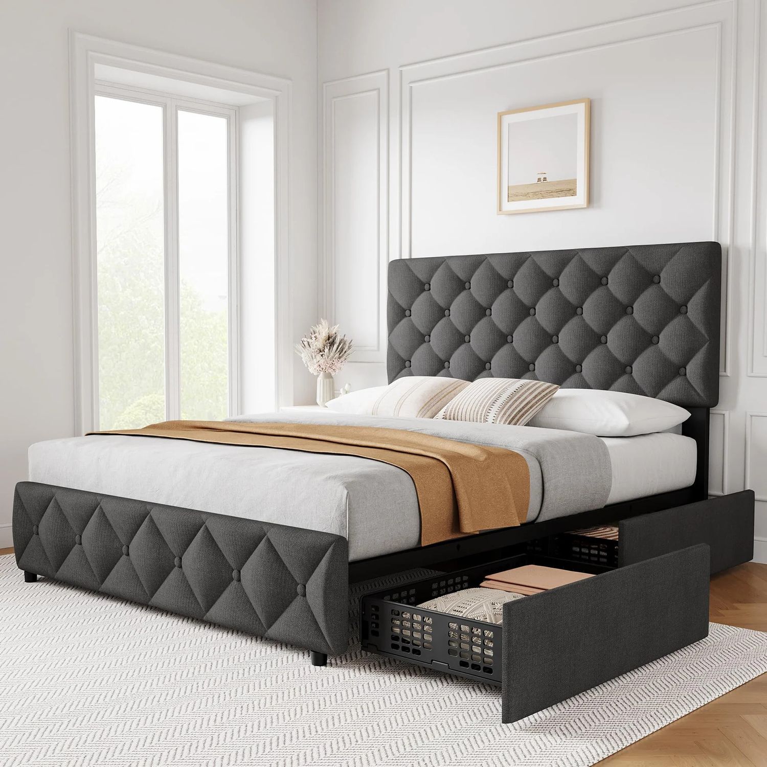 Queen Size Bed Frame with 4 Storage Drawers Dark Gray