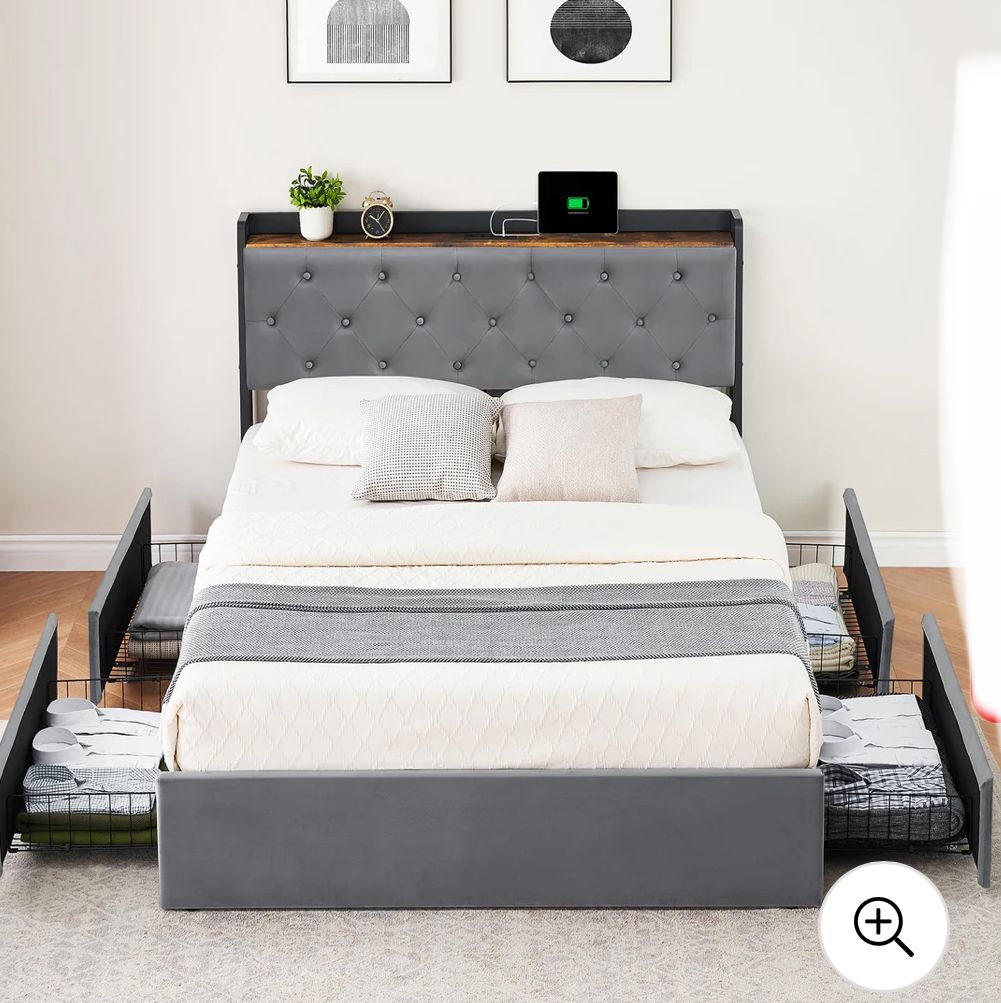 Queen Sized Bedframe with Storage Drawer/ Charging Station