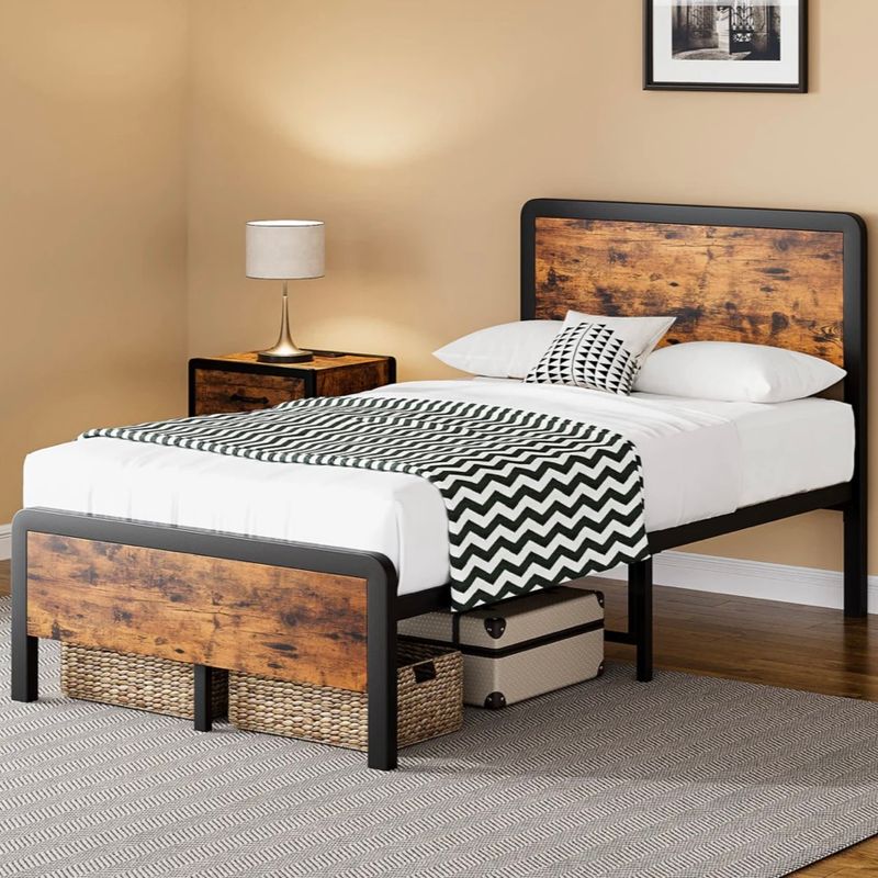 12” Twin Metal Bedframe with Wooden Headboard