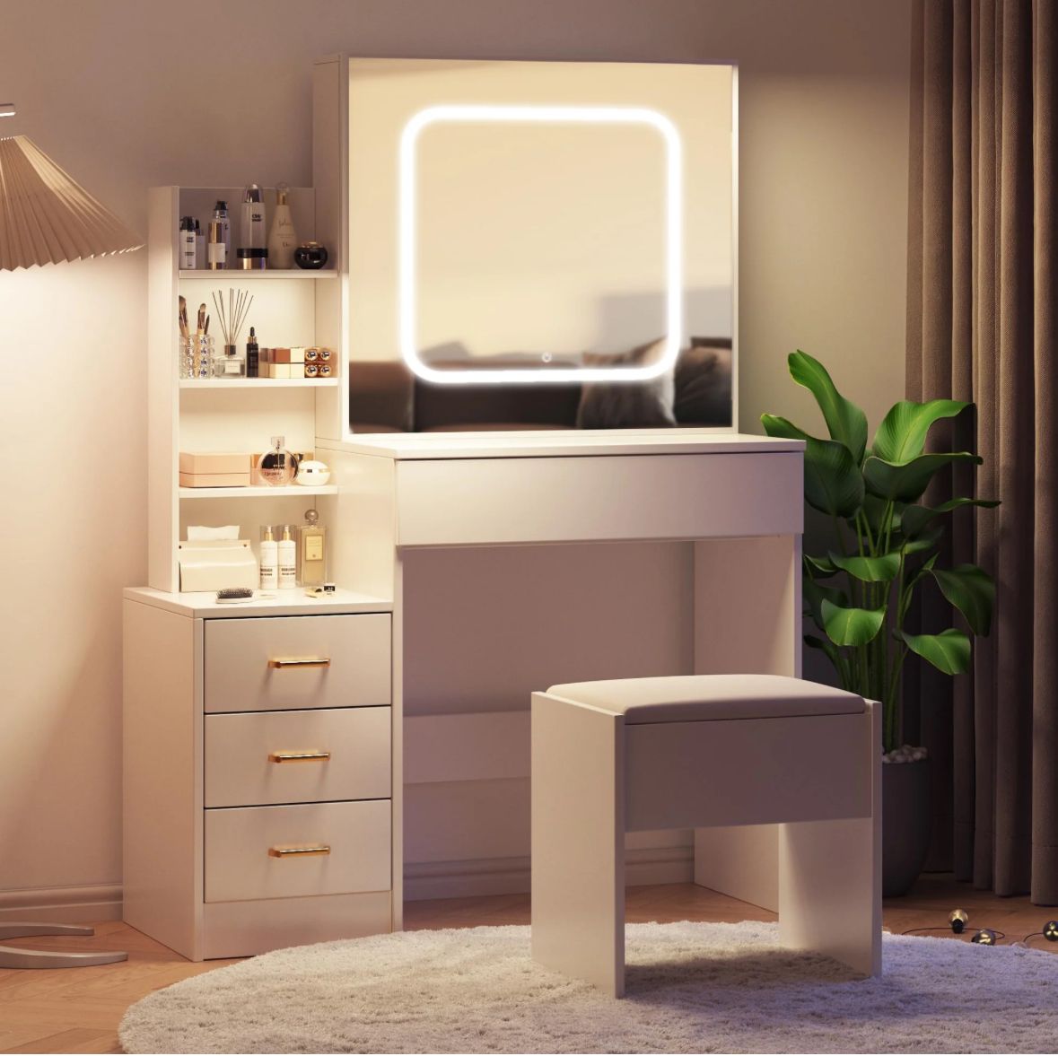 Vanity desk with mirror and light