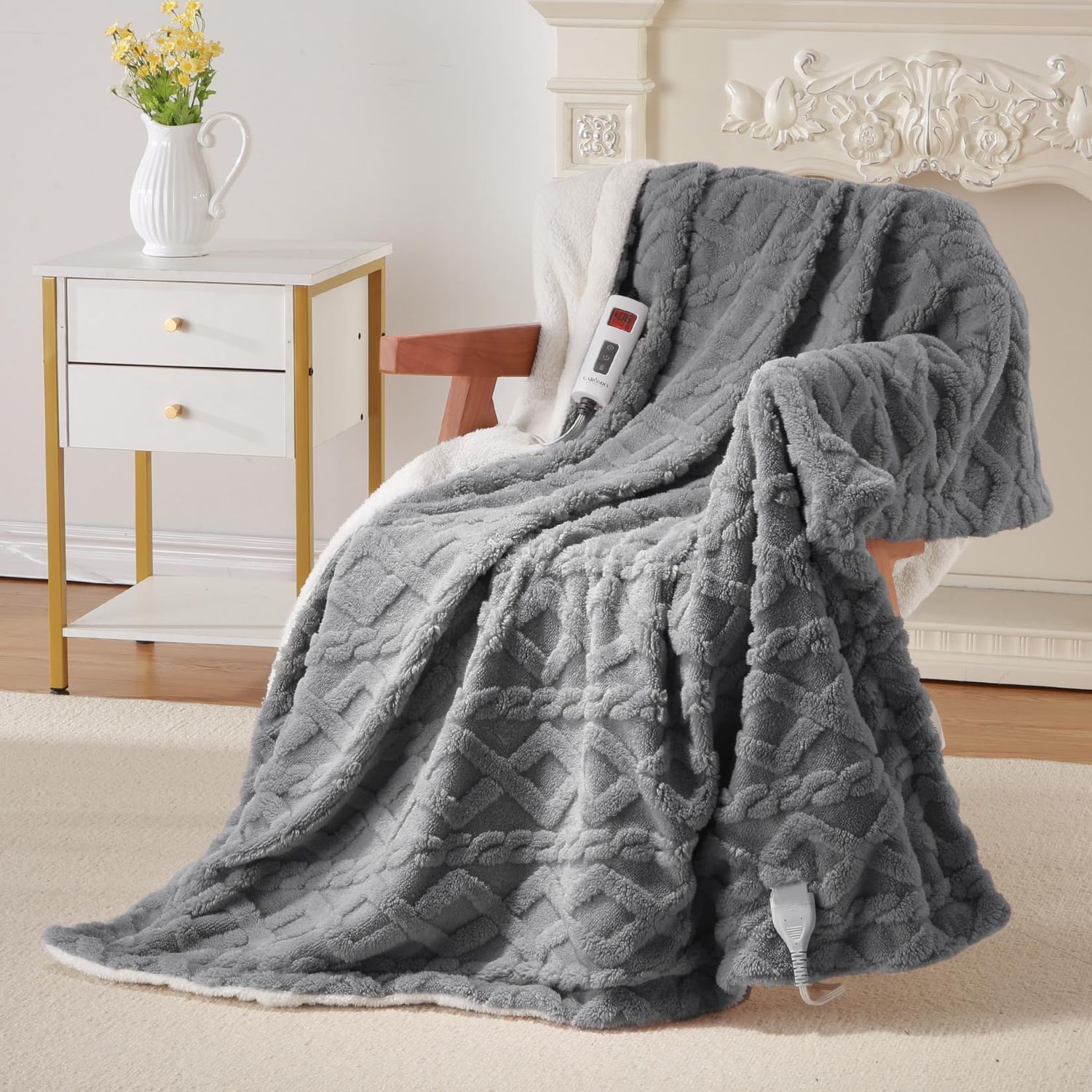 Electric Blanket Full Size - Thick Tufted Sherpa Heated Blanket grey