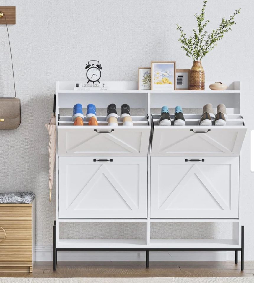 Shoe Cabinet, Shoe Storage Cabinet with 4 Flip Drawers - White