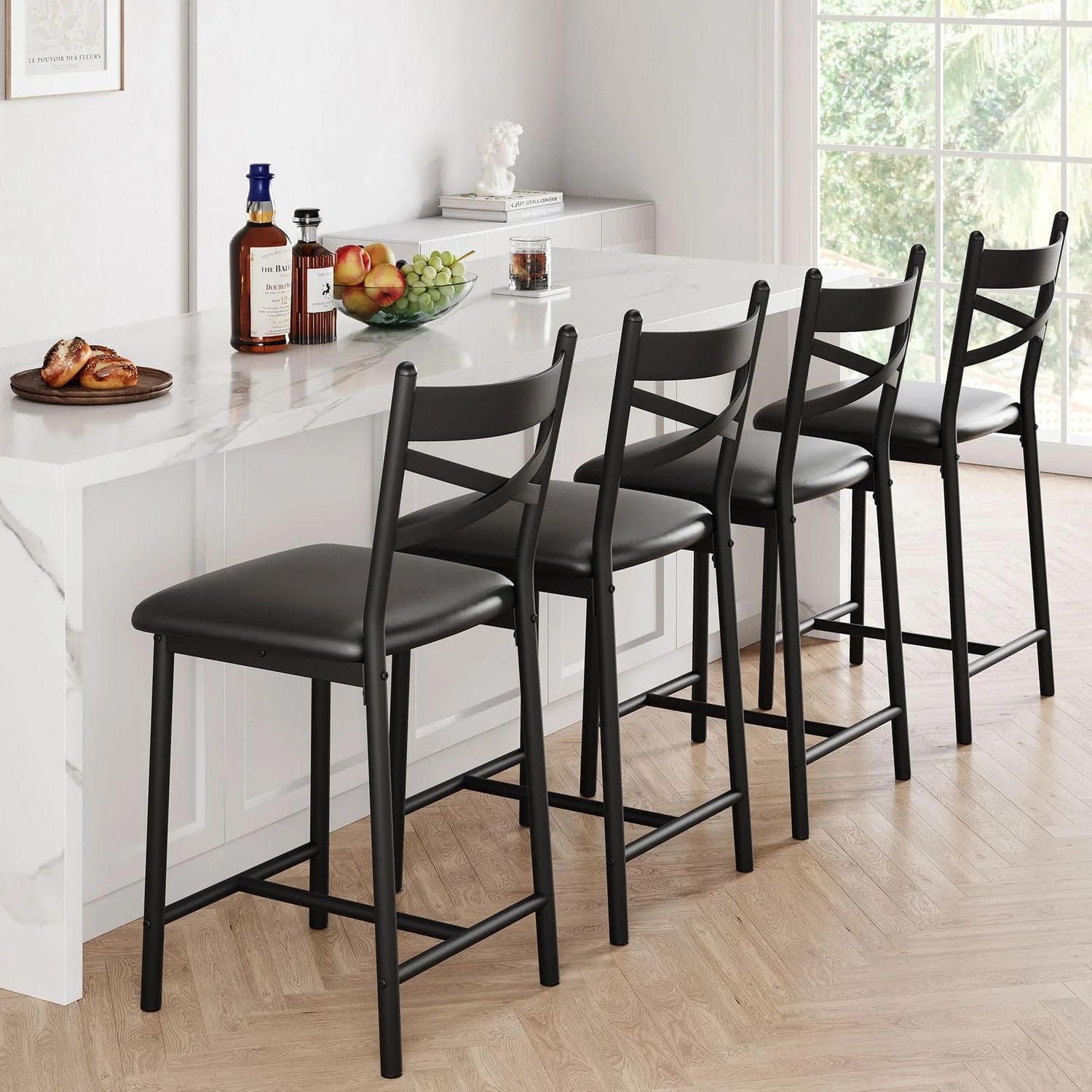 Bar Stools Set of 4, PU Leather, Footrest &amp; Backrest