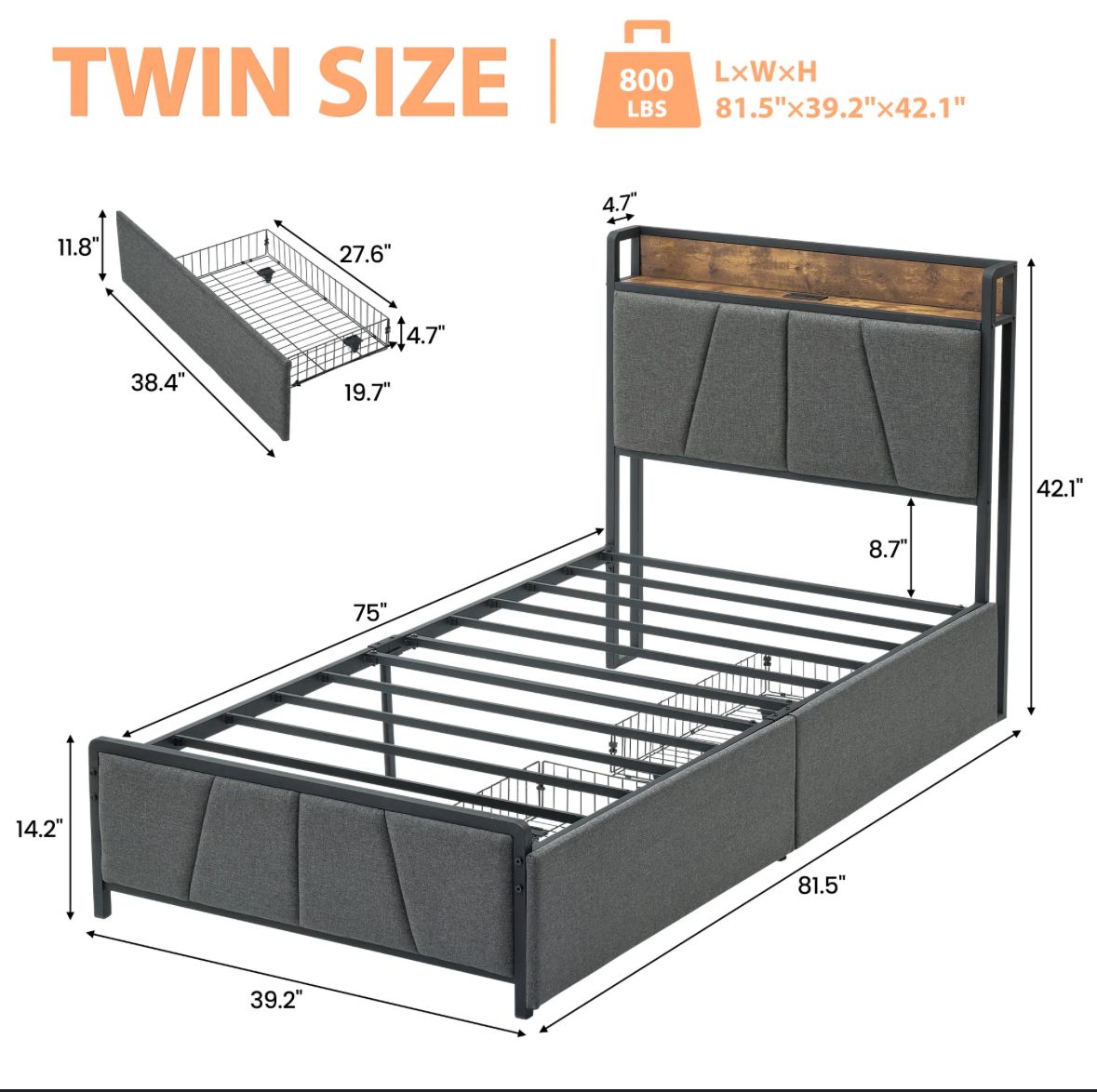 Twin bed with drawers