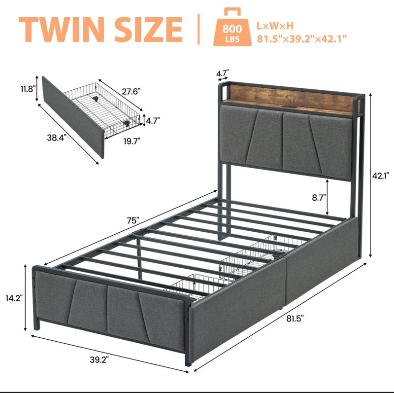 Twin bed with drawers