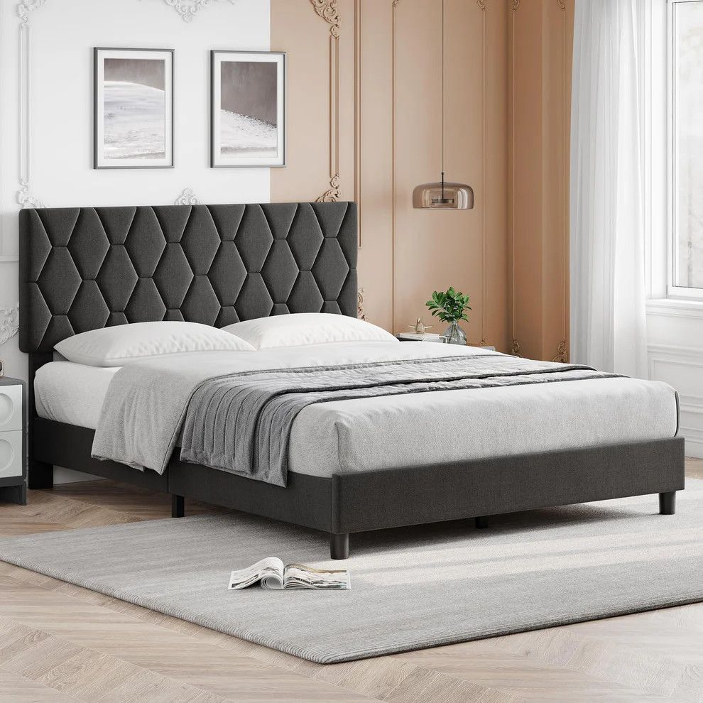 Full Size Platform Bed Frame with Upholstered Headboard