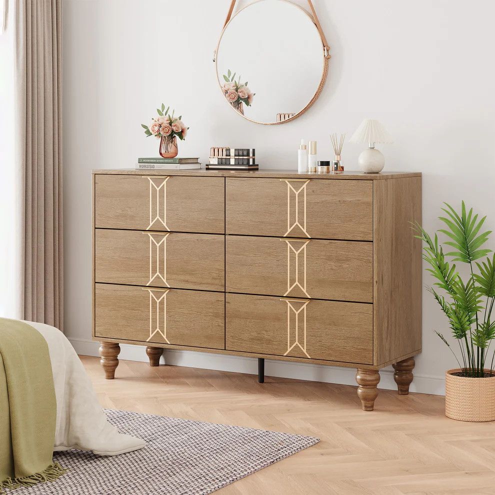 Modern Wooden 6 Drawer Dresser with Vintage Pattern Design