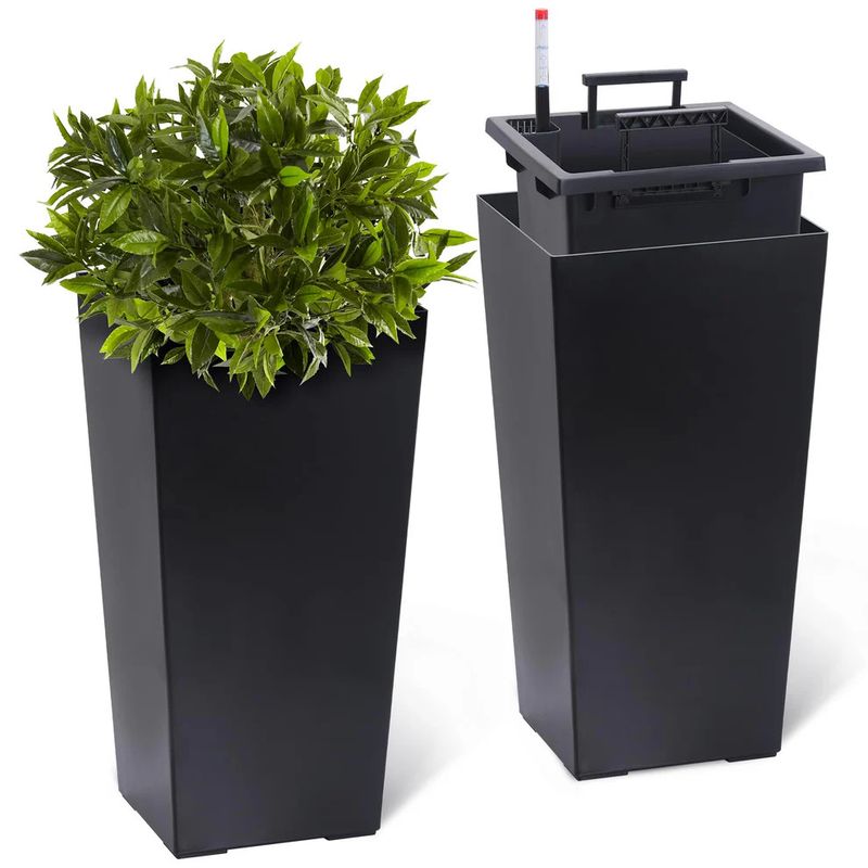 22”Tall Self-Watering Planters Set of 2, Black