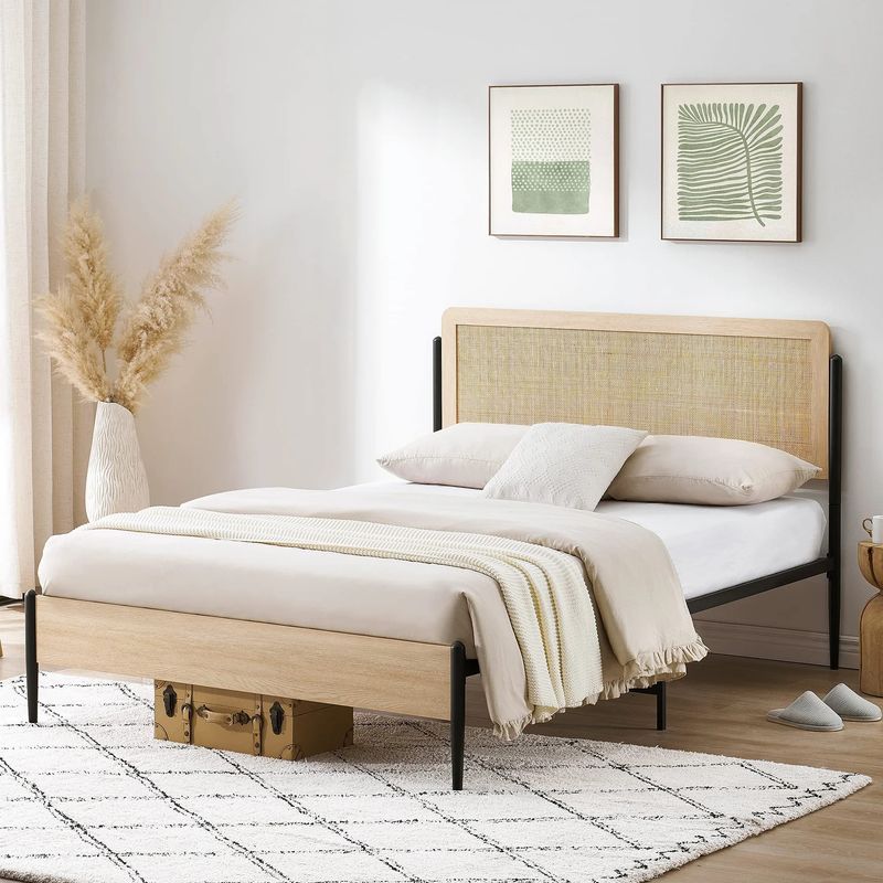 Queen Size Bed Frame with Rattan Headboard