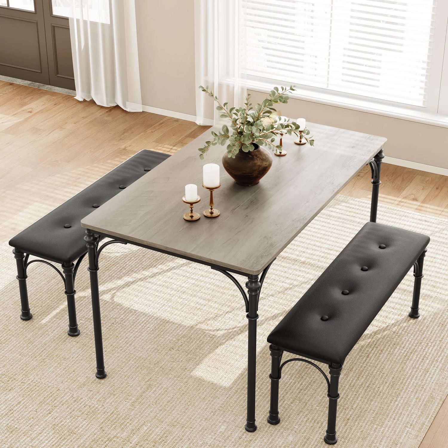 Dining Table Set for 4, with Upholstered Bench