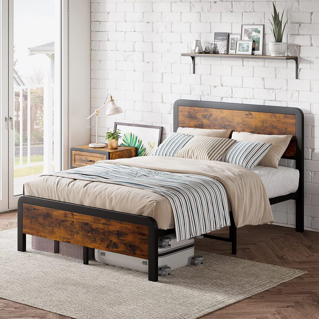 Full Size Bed Frame with Wood Headboard