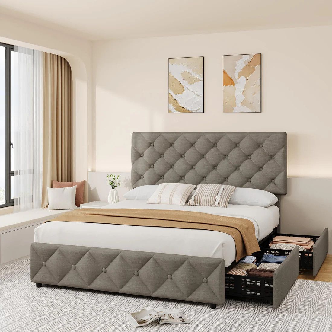 Queen Size Bed Frame with 4 Storage Drawers