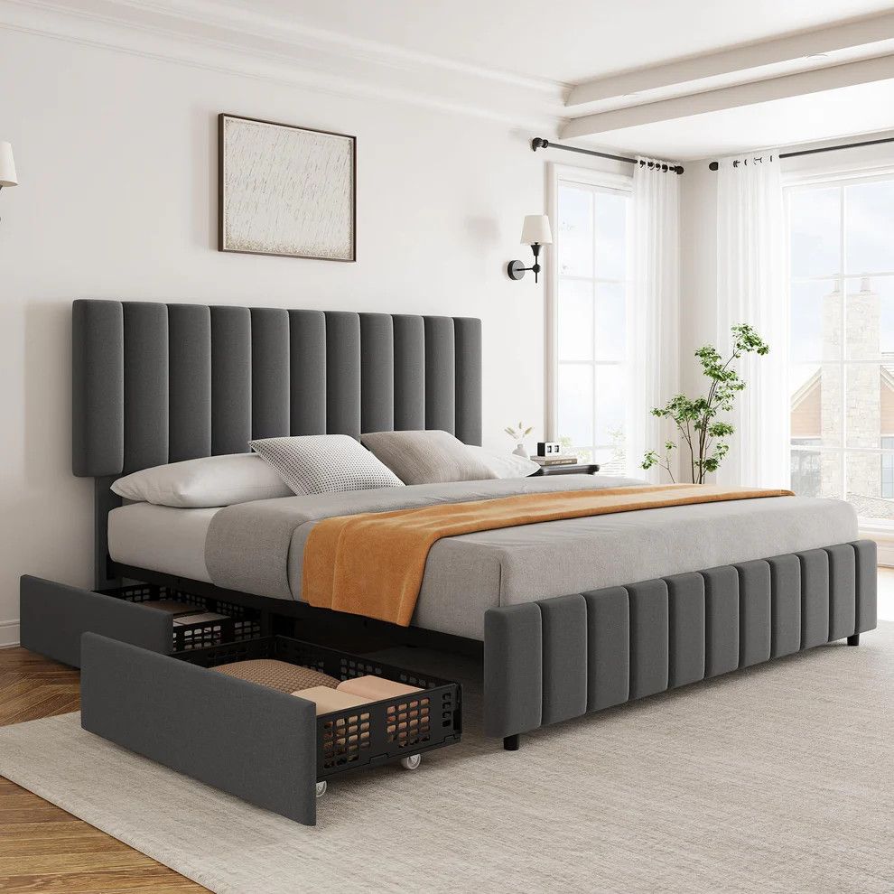 Grey Queen Linen Bed Frame with 4 Storage Drawers