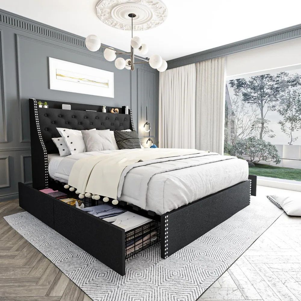 Bed Frame with 4 Storage Drawers and Headboard - Black - Full