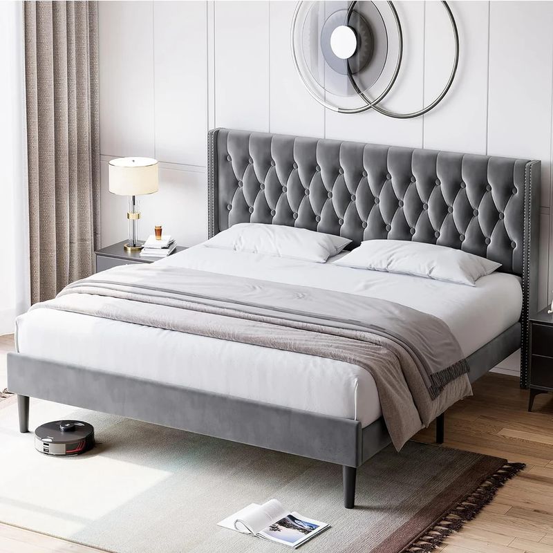 King Bed Frame with Velvet Headboard Wingback