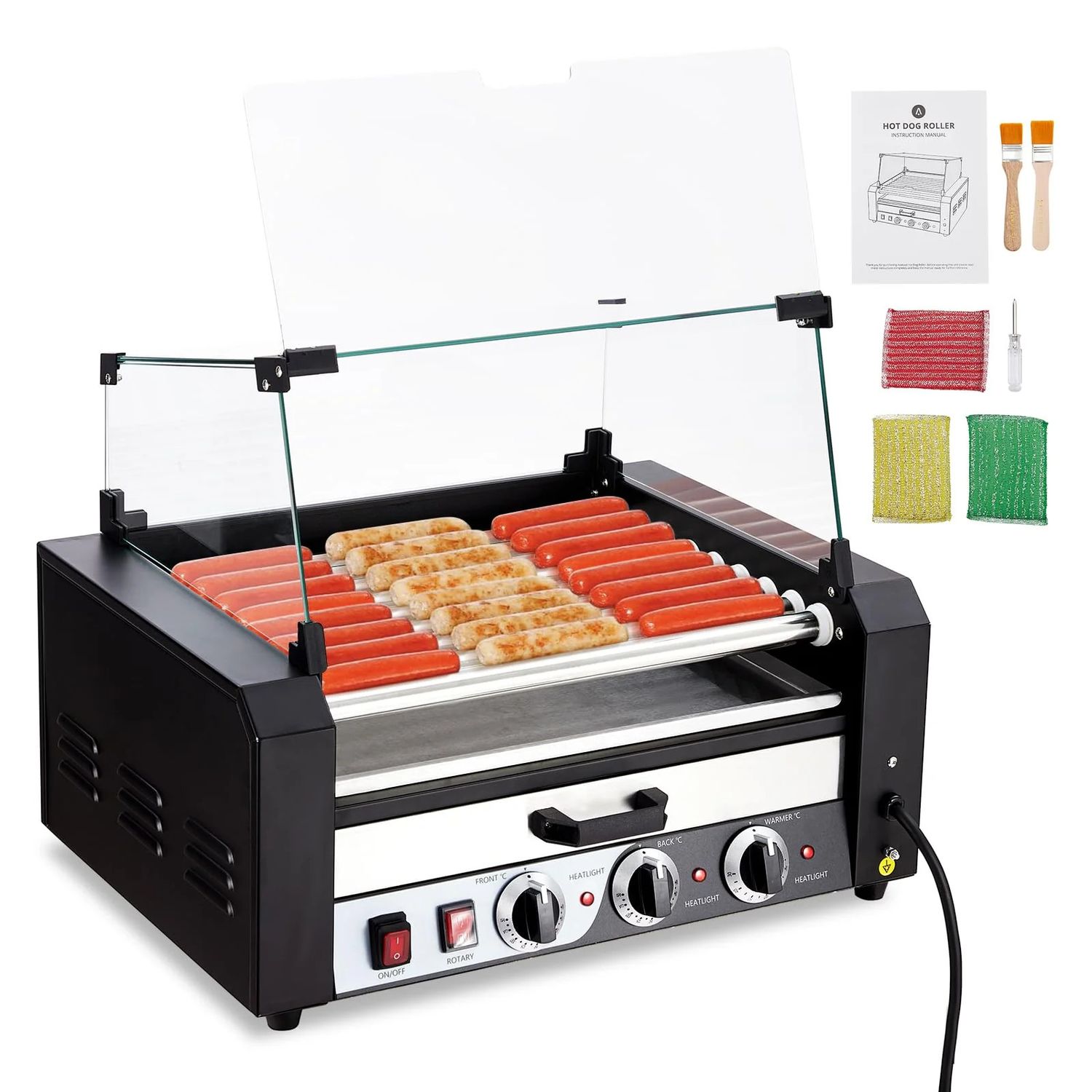 1650W Hot Dog Roller 9 Rollers, 24 Capacity with Dual Temp