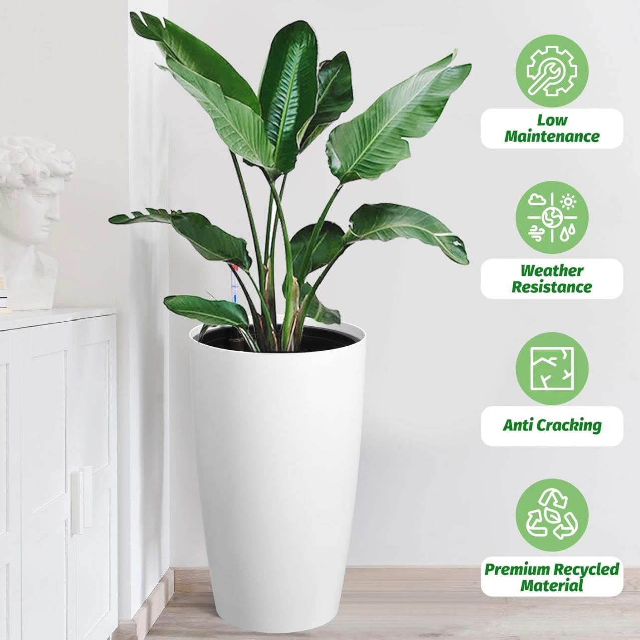 Self Watering Round White Planter 21.7”