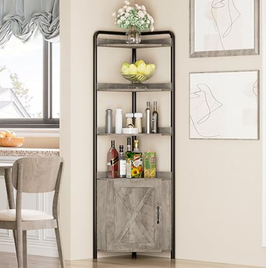 Corner storage cabinet with shelves