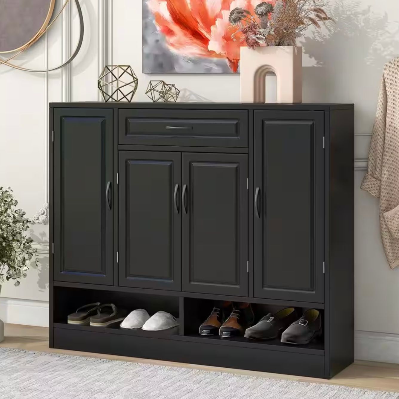 Black Wood 4-Door Shoe Storage Cabinet
