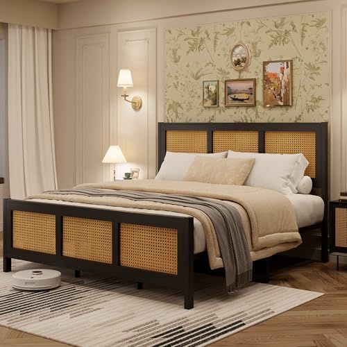 Queen Size Rattan Bed Frame with Headboard