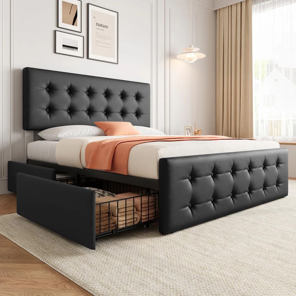 Queen Size Bed Frame with 4 Storage Drawers and Headboard