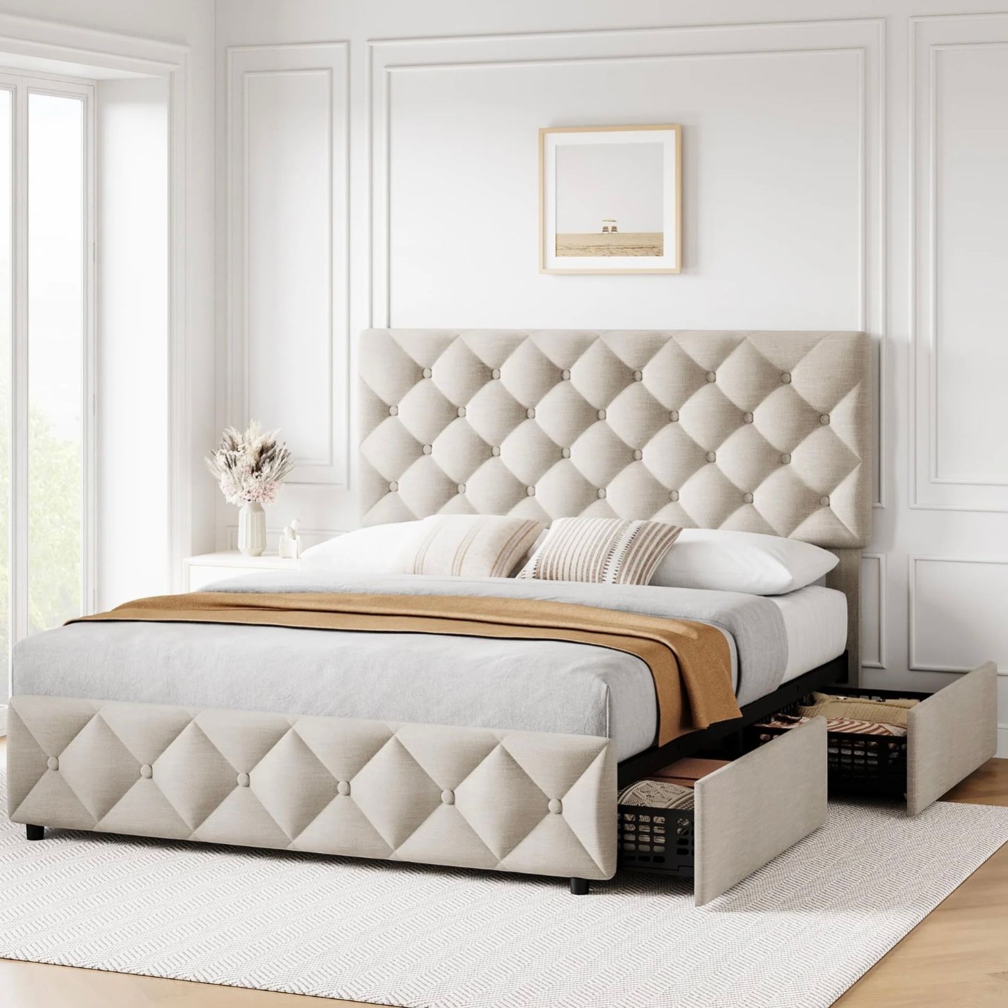 Queen Size Bed Frame with 4 Storage Drawers