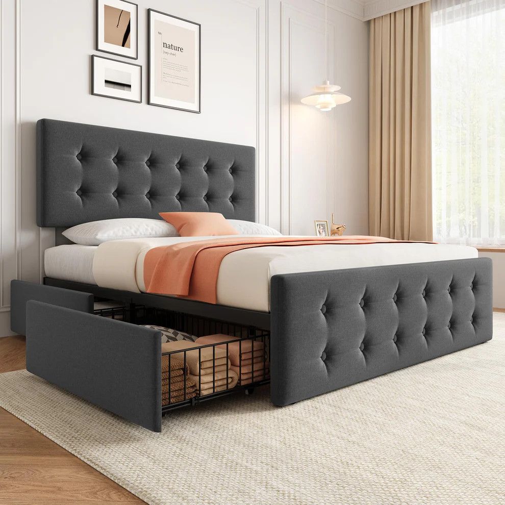 Queen Size Bed Frame with 4 Storage Drawers and Headboard