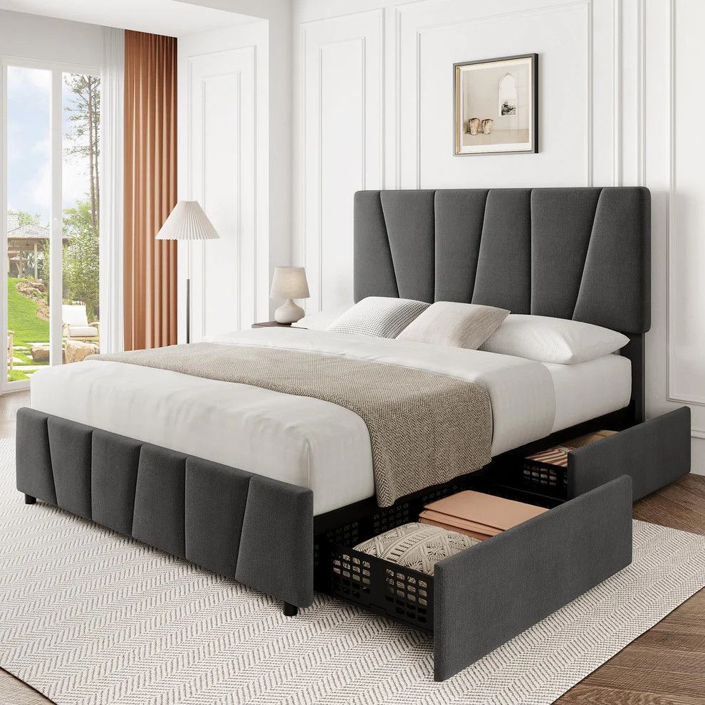 Queen Size Bed Frame with Adjustable Headboard