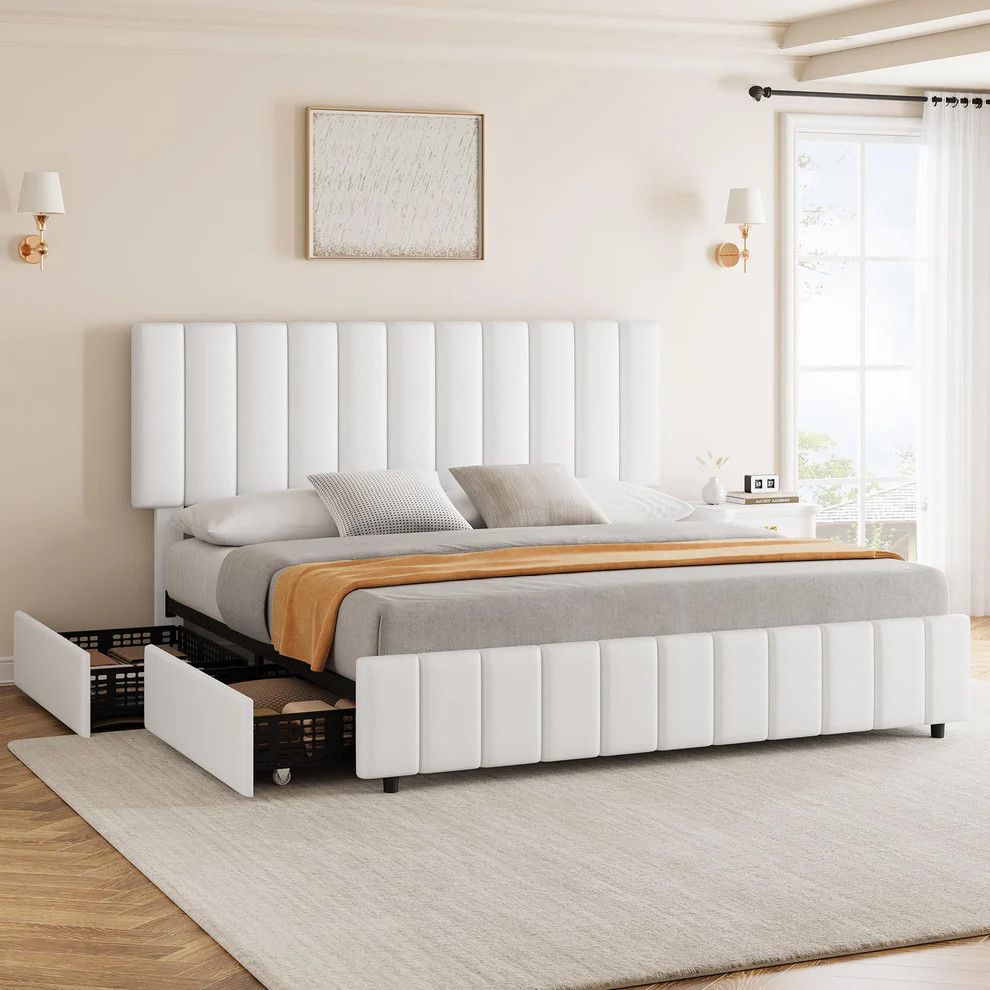White Queen Leather Upholstered Bed Frame with 4 Storage Drawers
