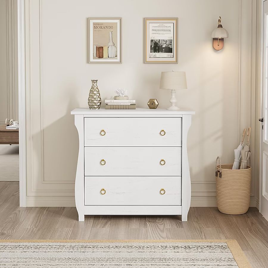 3 Drawer Boho Dresser with Rattan Accents and Curved Legs