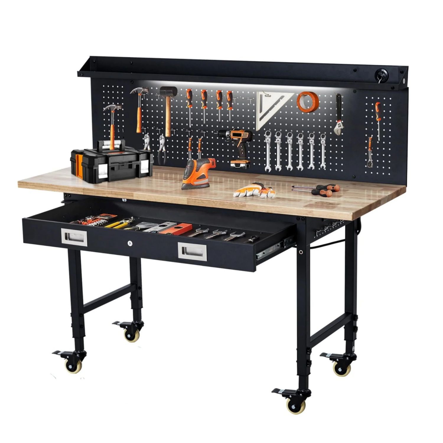 Wood top work bench with peg board
