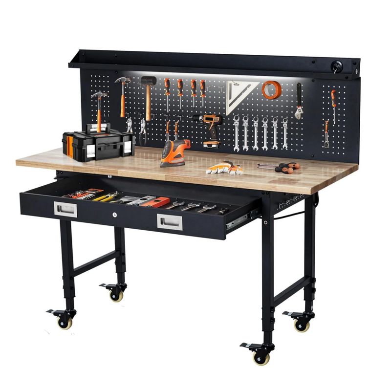 Wood top work bench with peg board