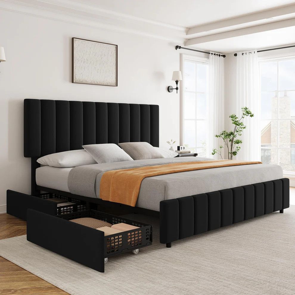 Black Queen Linen Upholstered Bed Frame