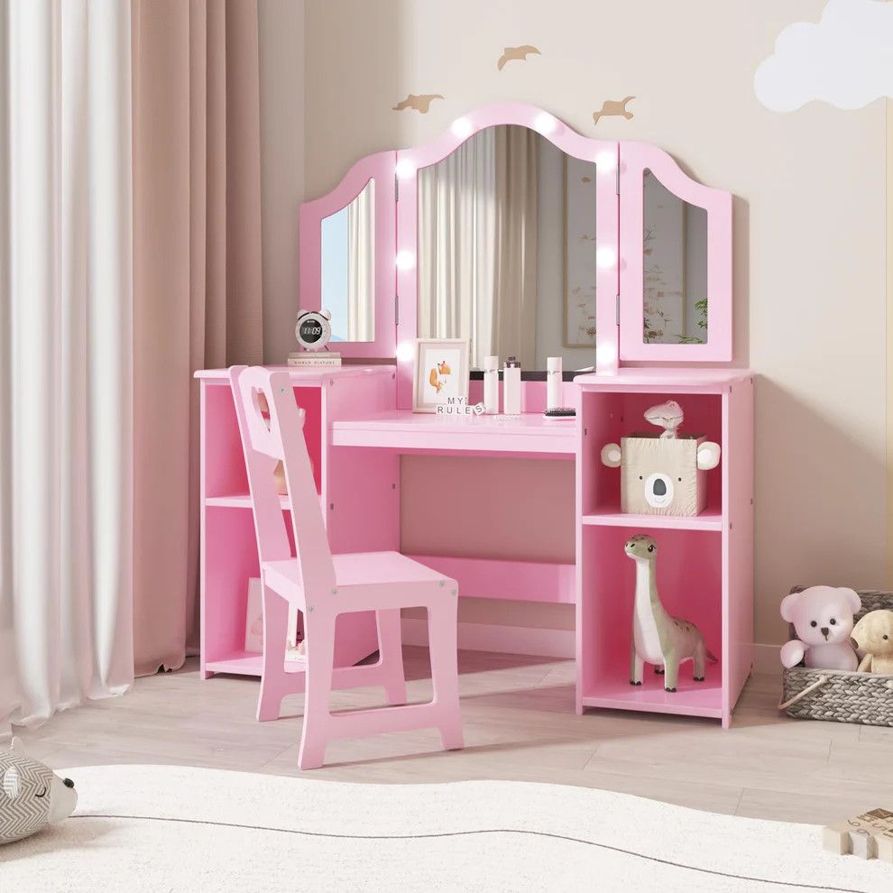 Kids Vanity Table, Girls Vanity with Touch Light