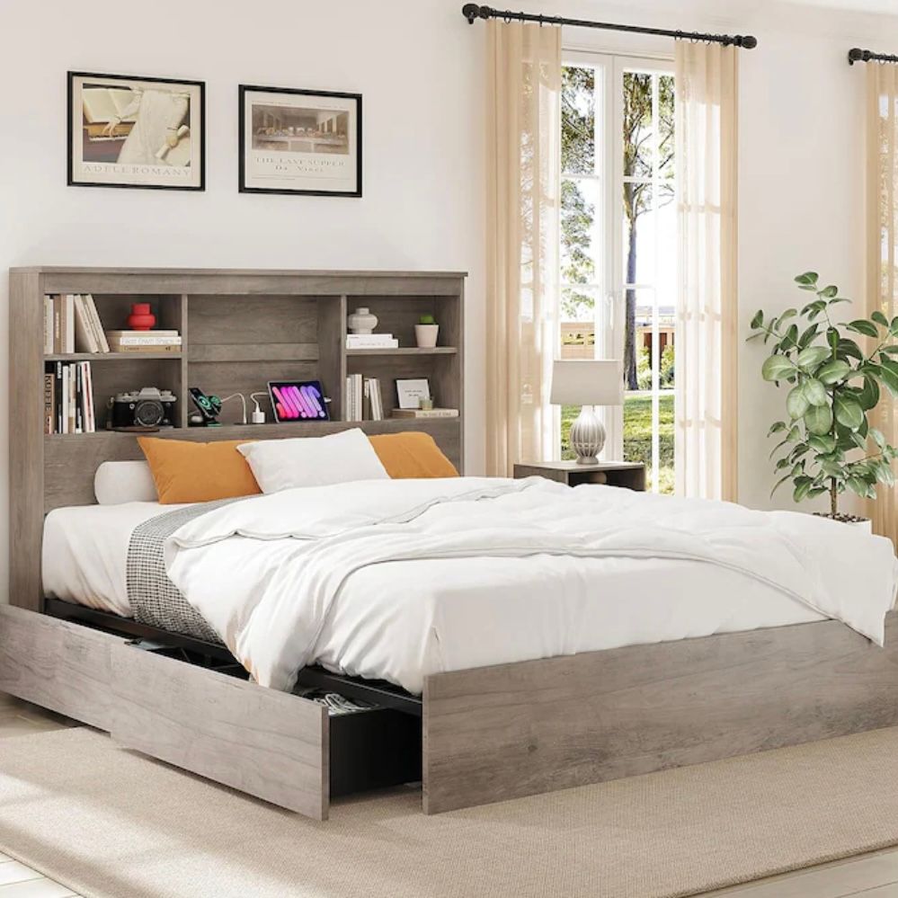 Full Bed Frame with Tall Bookcase Headboard