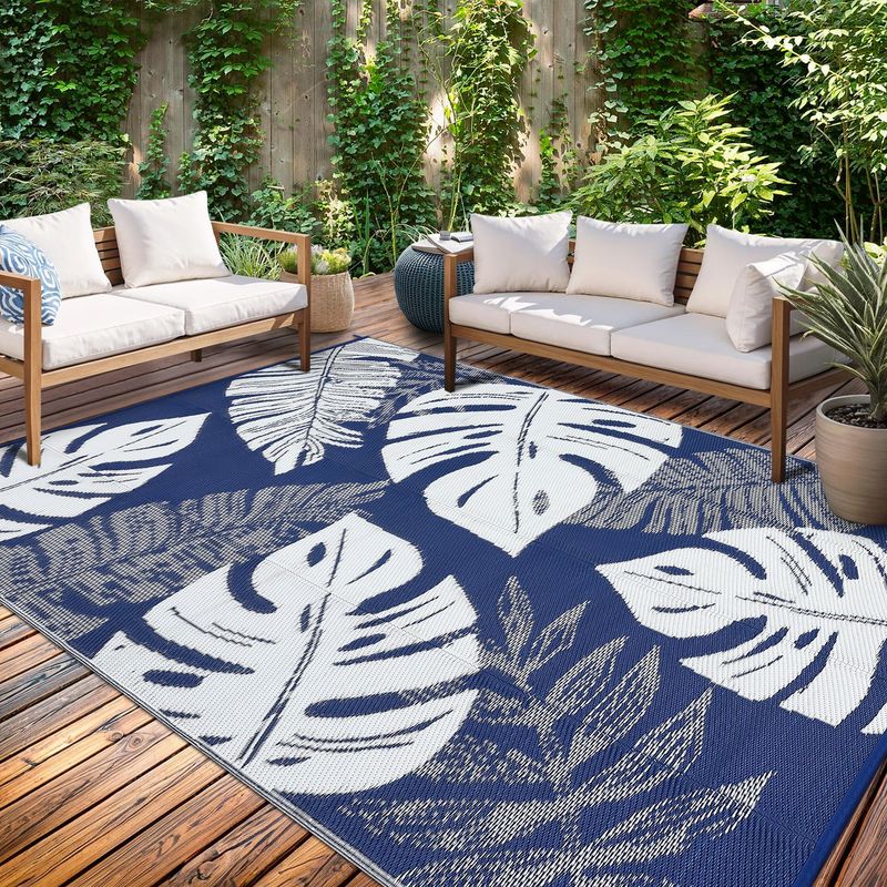 Outdoor Dark Blue &amp; White 9x12 Rug Waterproof