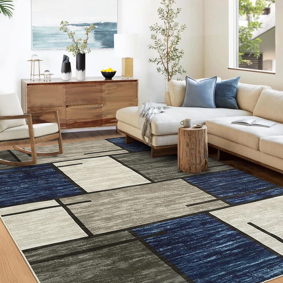 Geometric Blue 8x10 Area Rug - Modern Washable