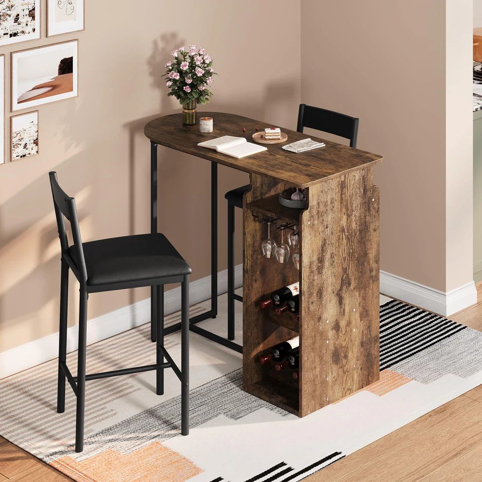 Bar Table and Chairs for 2, with Double Tier Wine Rack